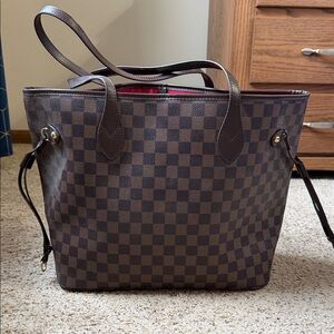Brown Check Pattern Tote with Red Interior